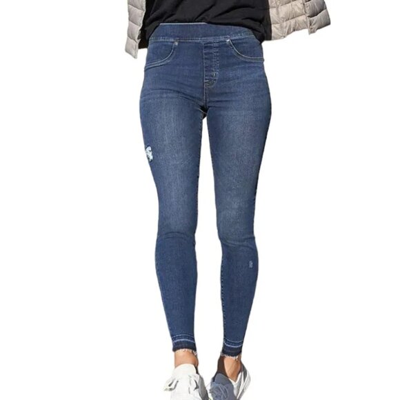 READ Spanx Distressed Skinny Jeans Legging Blue Medium Wash Pull On Size Small - Picture 1 of 8